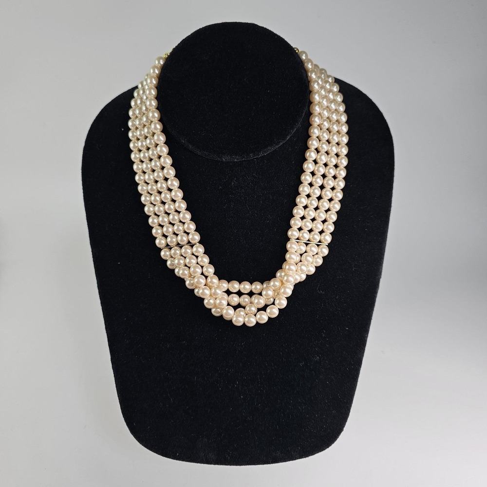 Vtg 3 Row Faux Pearl Necklace 16" Couture Formal Evening Multi Layer Gold Tone